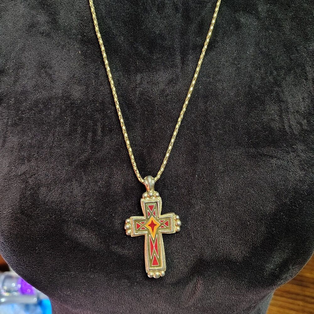 Gold Tones VTG Cross Pendant W Orange & Red Accents W Chain Necklace Mens/J21